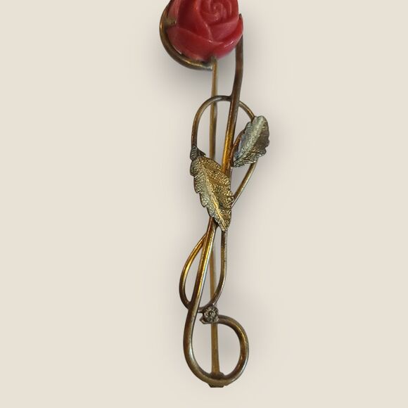 Vintage Antique Gold Metal Rose Flower Brooch Pin with Red Dimensional Bloom - Picture 7 of 11